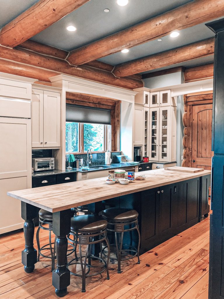 Mountain kitchen, large kitchen island, ceiling beams